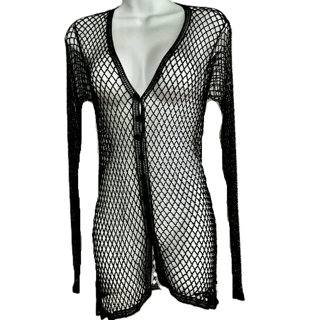 Black Beaded Mesh Cardigan Sheer Net Button Front Long Sleeve Size M Italy